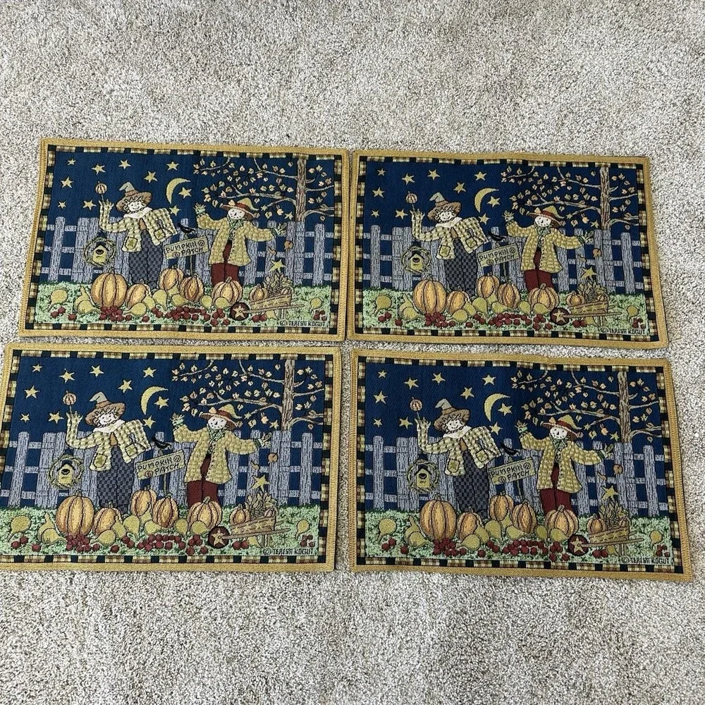 Pumpkin Patch Scarecrow Set 4 Placemats Tapestry Woven Teresa Kogut Fall Autumn